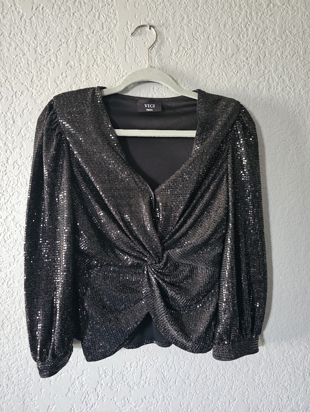 VICI Black Sequin Twist-Front Long Sleeve Blouse